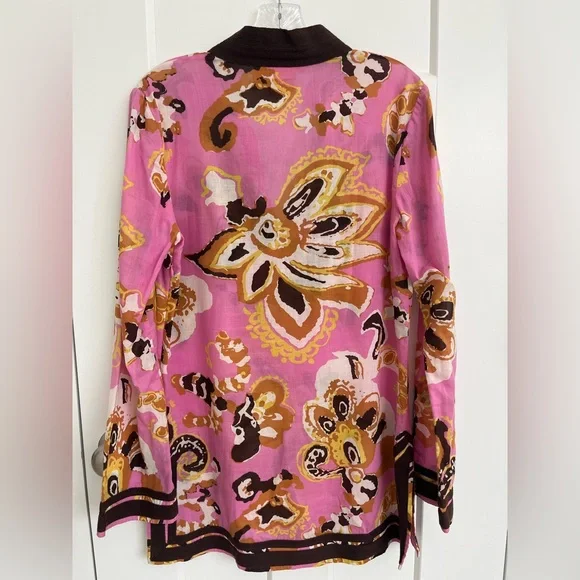 Tory Burch Pink Floral Tunic Top Size 8 Boho Beach Resort 100% Cotton Brown Trim - Picture 4 of 10